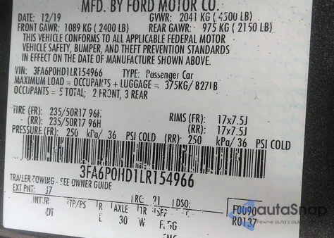 2020 Ford Fusion Se z USA, uszkodzony, nr VIN 3FA6P0HD1LR154966